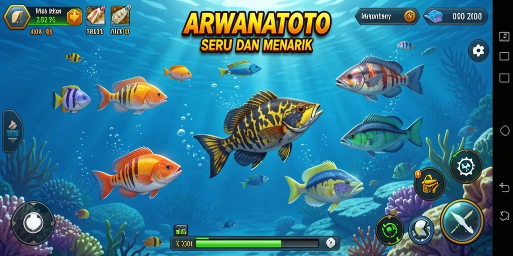 Tampilan gameplay ARWANATOTO dengan banyak ikan dan tantangan seru.