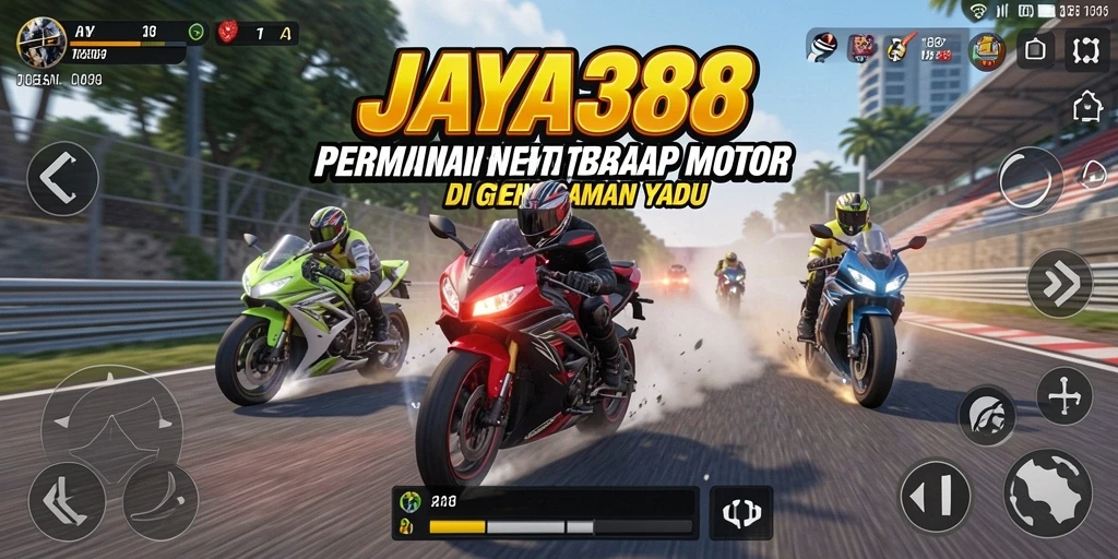Gameplay seru JAYA388 dengan motor yang melaju kencang di trek.