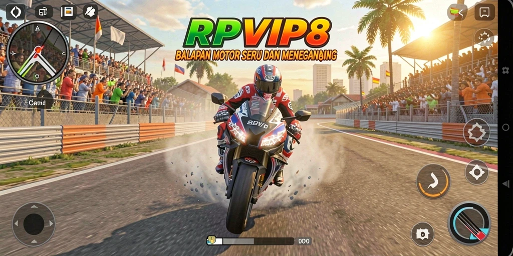 Screenshot RPVIP8 menampilkan aksi balapan motor yang intens.
