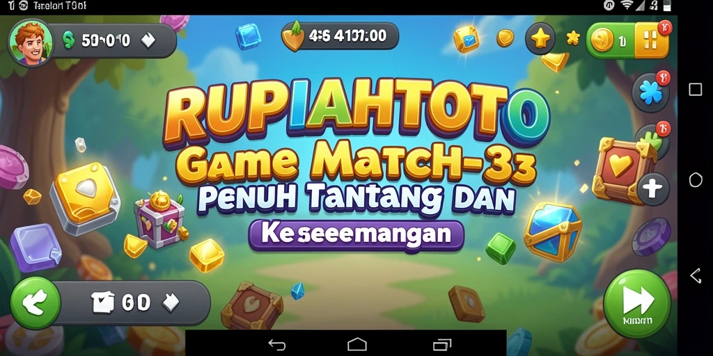 Tangkapan layar RUPIAHTOTO menampilkan gameplay Match-3 yang seru dan penuh warna.