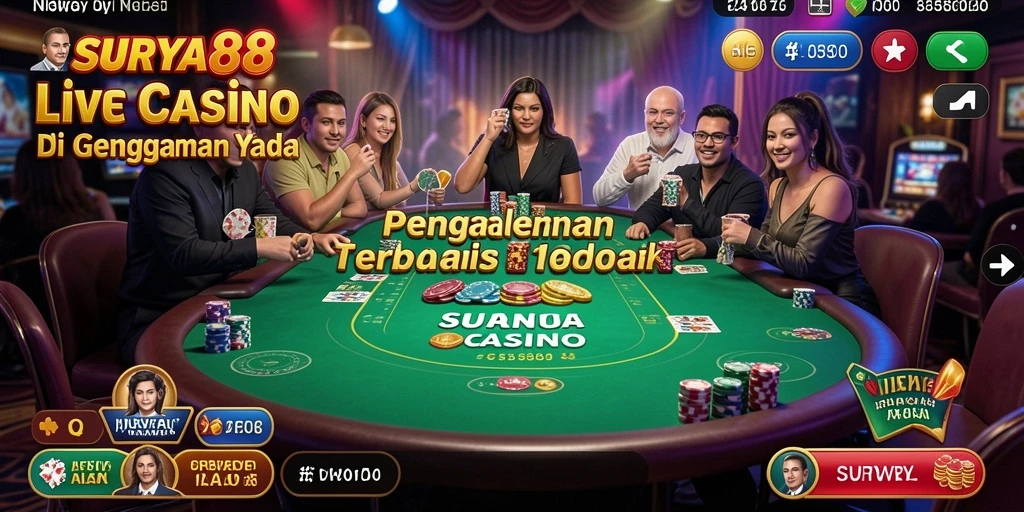 Gambaran gameplay SURYA88 dengan dealer langsung dan pengalaman kasino nyata.
